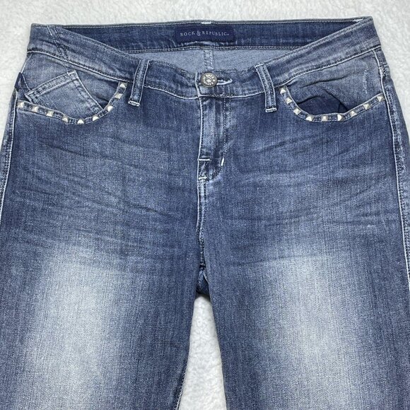 Rock & Republic Kasandra Bootcut Size 12 Mid Rise Blue Emrboidered Jeans 33x32 - Picture 2 of 14